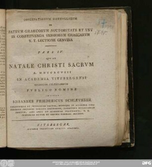 Pars IV.: Observationvm Nonnvllarvm De Patrvm Graecorvm Avctoritate Et Vsv In Constitvenda Versionvm Graecarvm V.T. Lectione Genvina Pars IV.