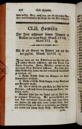 CLII. Homilie. Der Herr erscheinet seinen Jüngern in Galtläen auf einem Berge. Matth. XXVIII. Mark. XVI.