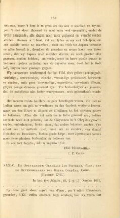 XXXIV. De gouverneur generaal Jan Pietersz. Coen, aan de bewindhebbers der gener. Oost-Ind. Comp. (Heeren YXVII.)