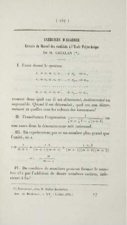 Exercices d'algebre. Extraits du Manuel des candidats à l'Ecole Polytechnique.