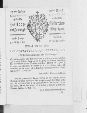 21tes Stück, Ausgabe vom 21. May 1777