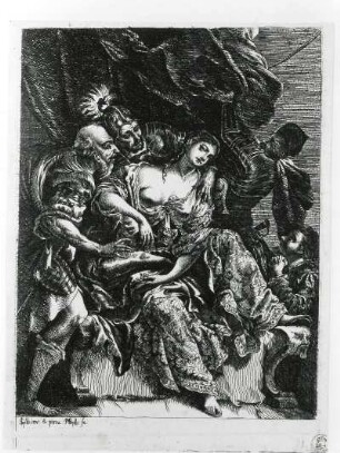 Lucretia mit dem Dolch sterbend im Sessel, von ihrem Vater, ihrem Gemahl und Brutus umgeben