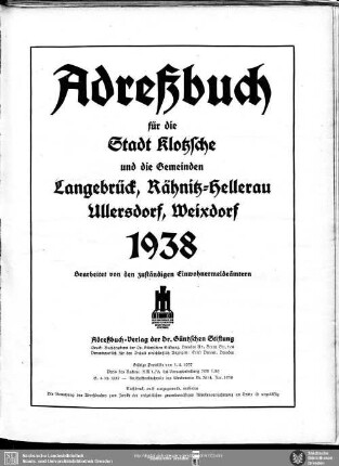 Adressbuch für die Stadt Klotzsche und die Gemeinden Langebrück, Rähnitz-Hellerau, Ullersdorf, Weixdorf 1938