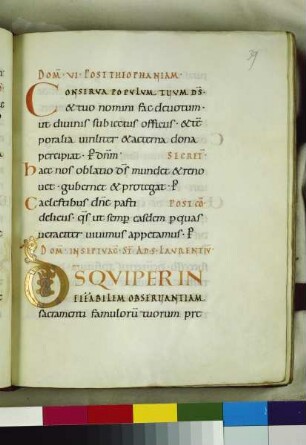 Guntbald-Sakramentar — Schriftseite mit Initiale, Folio fol. 39r