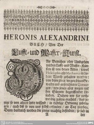 Heronis Alexandrini Buch/ Von Der Lufft- und Wasser-Kunst.