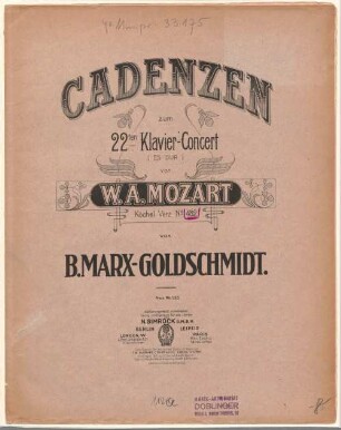 Cadenzen zum 22ten Klavier-Concert (Es Dur) von W.A. Mozart : Köchel Verz. No. 482