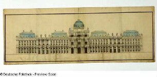 Entwurf für die Erweiterung des Dresdner Schlosses, Aufriß der Hauptfront (1711, M. D. Pöppelmann; Feder, Tusche, Wasserfarben; 43,3 x 114,7 cm). Sächsische Landesbibliothek – Staats- und Universitätsbibliothek Dresden, Handschriftensammlung, Mscr. Dresd. L. 4/Blatt 8