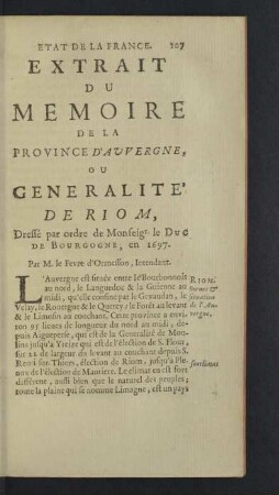 Extrait du Memoire de la Province d'Auvergne, ou Generalité de Riom