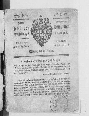 1779: Fuldaische wöchentliche Policey-Commercien und Zeitungsanzeigen : mit hochfürstlich gnädigsten Privilegio