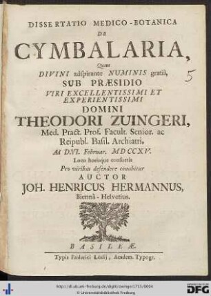 Dissertatio Medico-Botanica De Cymbalaria