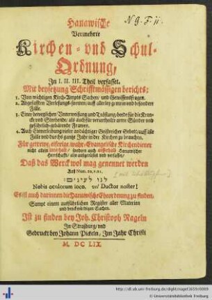 Hanawische Vermehrte Kirchen- vnd Schul-Ordnung : in I. II. III. Theil verfasset.