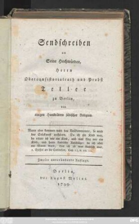 Sendschreiben an Seine Hochwürden, Herrn Oberconsistorialrath und Probst Teller zu Berlin, von einigen Hausvätern jüdischer Religion