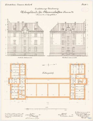 Feldartilleriekaserne, Halle/Saale: Wohnbau für Mannschaften - Kasernen III, VI und V: Grundriss Keller, Aufriss Nordansicht, Südansicht 1:100