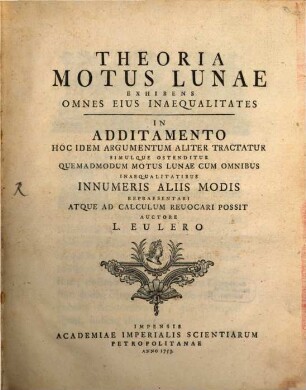 L. Euleri Theoria motus lunae exhibens omnes eius inaequalitates