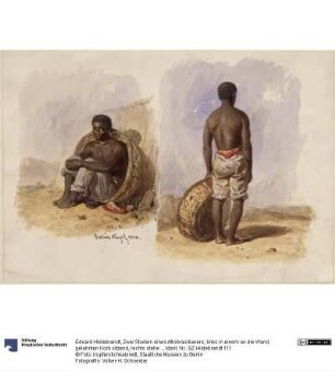 Zwei Studien eines Afrobrasilianers; links in einem an die Wand gelehnten Korb sitzend, rechts stehend in Rückenansicht