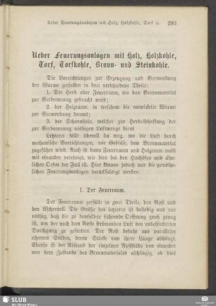 Ueber Feuerungsanlagen mit Holz, Holzkohle, Torf, Torfkohle, Braun- und Steinkohle