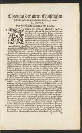 Chronica der alten Christlichen Kirchen/ Historia Ecclesiastica Eusebii genant ...