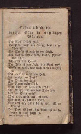 Erster Abschnitt. Leichte Sätze in einsilbigen Wörtern.