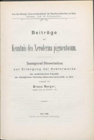 Beitrage zur Kenntnis des Xeroderma pigmentosum