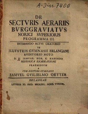 De Sectvris Aerariis Bvrggraviatvs Norici Svperioris Programma III.