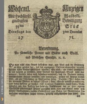 35tes Stück, Dienstags den 3ten December 1771