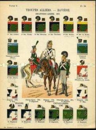 Uniformdarstellung, Chevauleger, Dragoner und Leichter Infanterist der Alliierten Bayerischen Regimenter, Detailstudien von Kopfbedeckungen und Abzeichen der Alliierten Bayerischen Leichten Infanterie und der Kavallerie, Frankreich, 1790/1813.