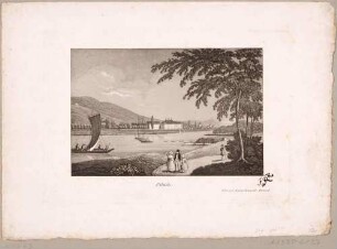 Schloss Pillnitz bei Dresden vom linken Ufer über die Elbe mit Boot und Fähre nach Südosten gesehen