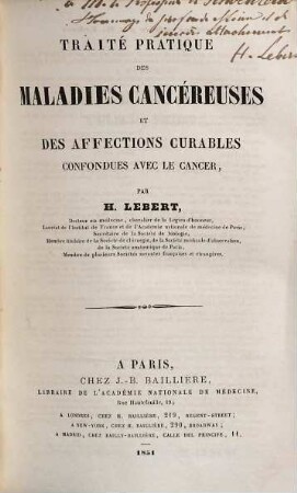 Traité pratique des maladies cancéreuses et des affections curables confondues avec le cancer