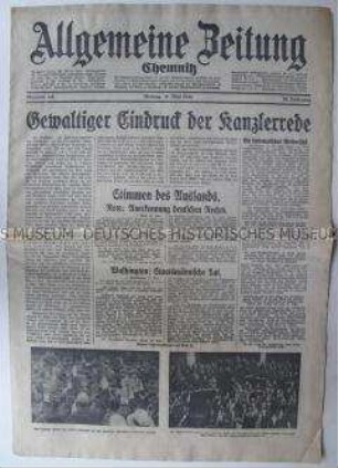 Regionale Tageszeitung "Allgemeine Zeitung" zur Reaktion des Auslandes auf die Rede Hitlers vor dem Reichstag