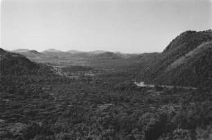 Becken-Landschaft zwischen Dessie und Debra Sina : Blick über eine ebene, bewaldete Landschaft