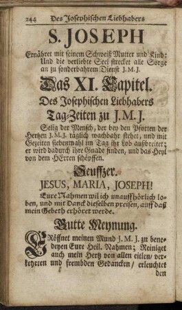 S. Joseph [...]. Das XI. Capitel. Des Josephischen Liebhabers Tag-Zeiten zu J.M.J.