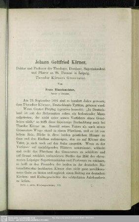 Johann Gottfried Körner : Doktor und Professor der Theologie, Domherr, Superintendent und Pfarrer an St. Thomae in Leipzig, Toedor Körners Grossvater