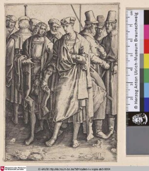 [Mehrere Männer; A young man with eight armed men]