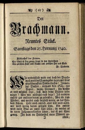 Neuntes Stück. Samstags den 27. Hornung 1740.