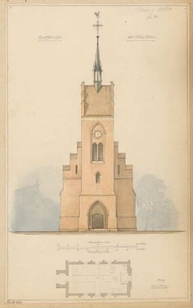 Dorfkirche für 250 Personen Monatskonkurrenz März 1860: Grundriss 1:120, Aufriss Eingangsansicht 1:240; 2 Maßstabsleisten
