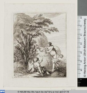 Kind mit Hammer und Meißel vor einem Gedenkstein für Johann Wilhelm Ludwig Gleim, der von einer Nymphe mit Lorbeer gekrönt wird