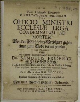 Dissertationem Juridicam De Officio Ministri Ecclesiæ Erga Condemnatum Ad Mortem