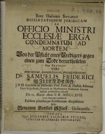 Dissertationem Juridicam De Officio Ministri Ecclesiæ Erga Condemnatum Ad Mortem