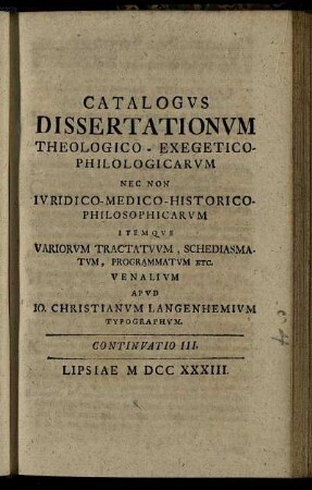 Continuatio III. Lipsiae M DCC XXXIII.