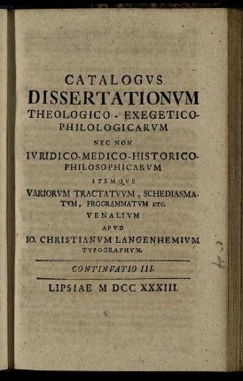Continuatio III. Lipsiae M DCC XXXIII.