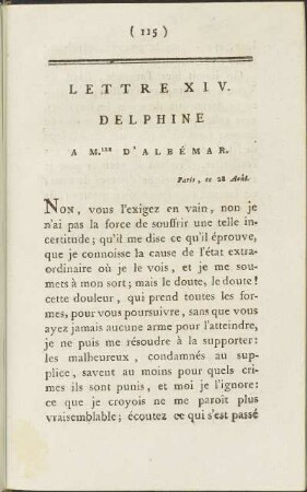 Lettre XIV. Delphine à Mlle. d'Albémar. Paris, ce 28 Août.