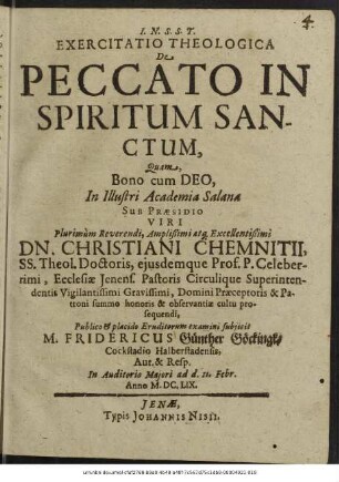 Exercitatio Theologica De Peccato In Spiritum Sanctum