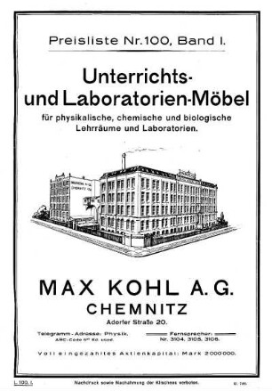 1: Preisliste Nr.100, Band I: Unterrichts- und Laboratorien-Möbel für physikalische, chemische und biologische Lehrräume und Laboratorien