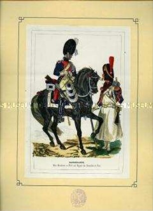 Uniformdarstellung, Elite-Gendarm zu Pferd und Sappeur des Grenadier-Regiments zu Fuss der Kaisergarde, Frankreich, 1804. Aus: Bellangé: Die Soldaten der französischen Republik und des Kaiserreichs.