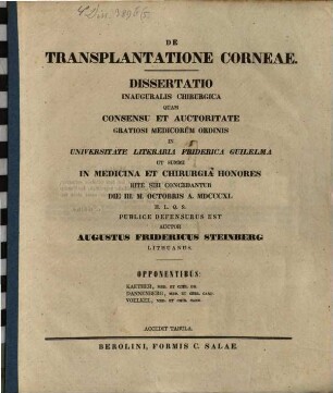 De transplantatione corneae : diss. inaug. chir. ; c. tab.