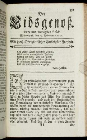 Drey und vierzigstes Stück. Mittwochens, den 28. Weinmonats 1750.