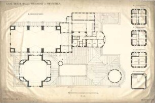 Hocheder, Karl; München; Müller´sches Volksbad - Grundriss 2. OG; Turmgeschoss u. Wohnung des Hausmeisters (Grundriss 3. OG); Turmgeschoss u. Wohnung des Maschinisten (Grundriss 4. OG); Turmgeschoss (Grundriss 5. OG, Grundriss 6. OG)