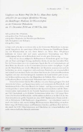 Grußwort von Rektor Prof. Dr. Dr. h.c. Hans-Peter Liebig anlässlich der auswärtigen öffentlichen Sitzung der Heidelberger Akademie der Wissenschaften an der Universität Hohenheim am 11. Dezember 2010 um 11:00 Uhr, Aula