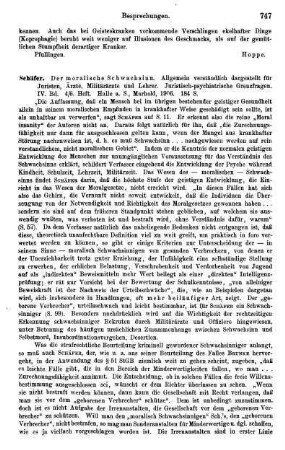 747-748, Schäfer, Der moralische Schwachsinn. Allgemein verständlich dargestellt für Juristen, Ärzte, Militärärzte und Lehrer, 1906