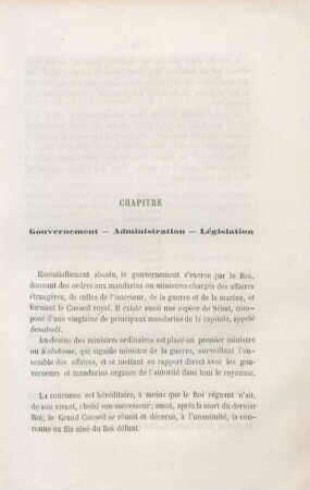 Chapitre III. Gouvernement - Administration - Législation